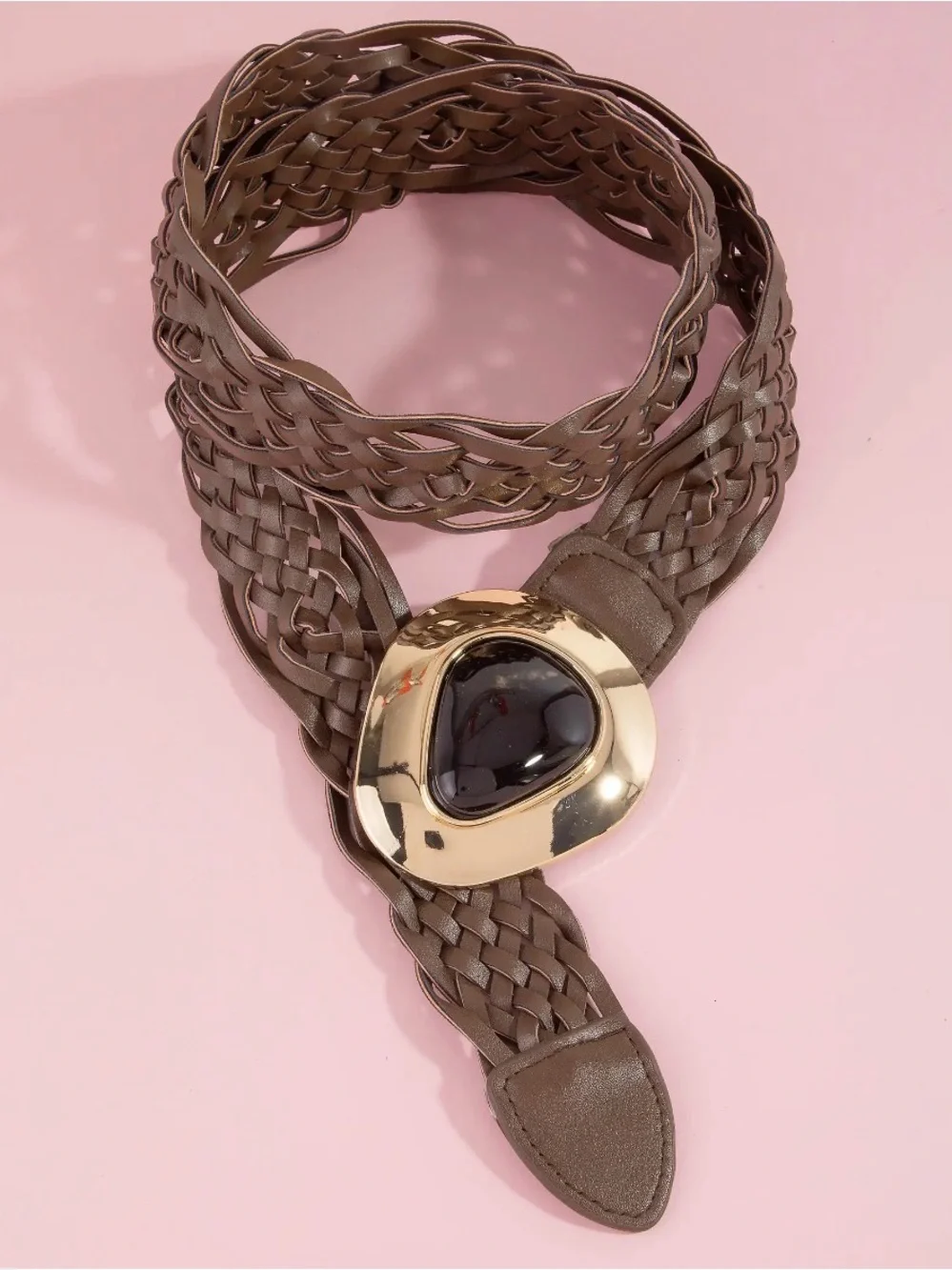 BEAUTIFUL WESTERN WOVEN LEATHER BELT IN BROWN WITH AMBER AND GOLD BUCKLE